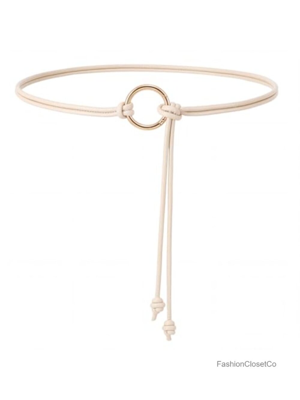 Skinny PU Leather Belt Knotted O-Ring Gold Buckle Adjustable Waist Thin